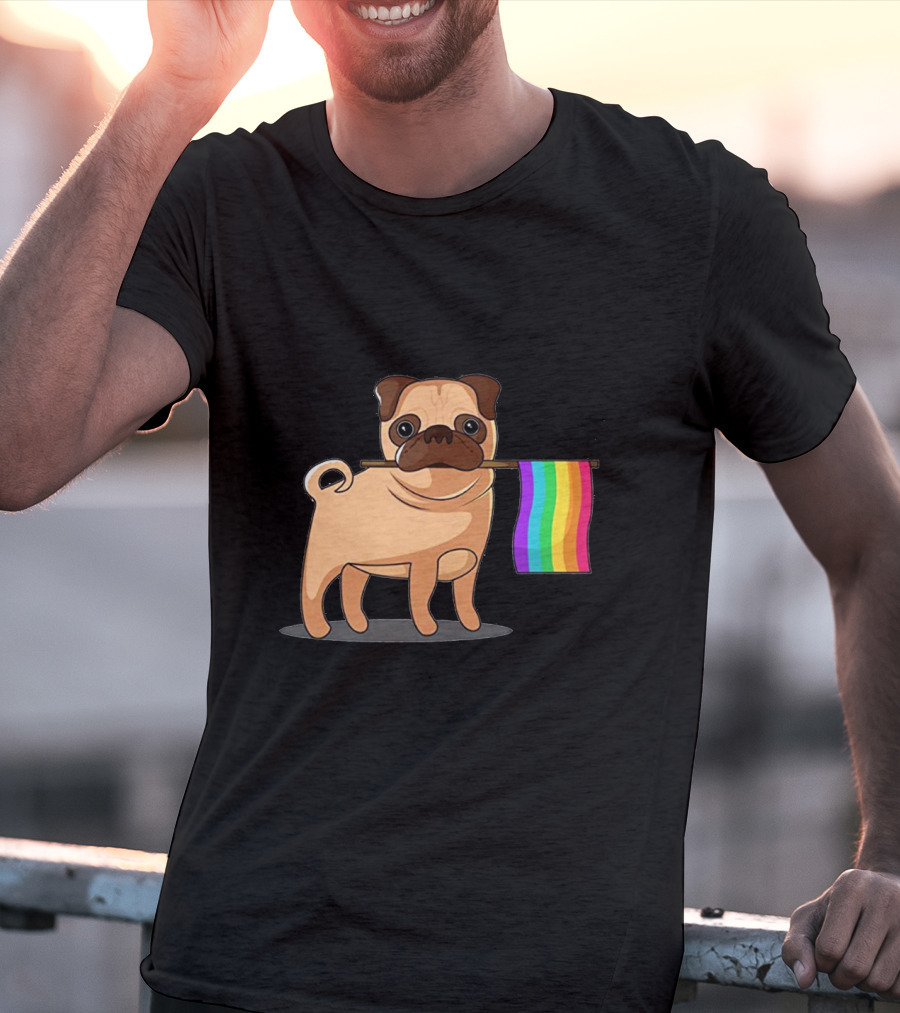 Pug Holding Rainbow Pride Flag T-Shirt