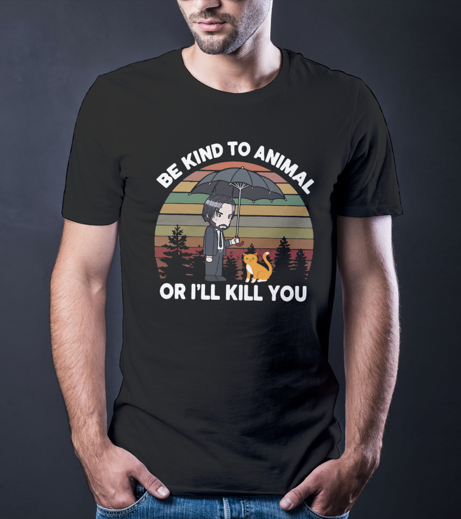 Be Kind To Animal Or I'll Kill You John Wick Parody Cat And Umbrella Chibi T-Shirt