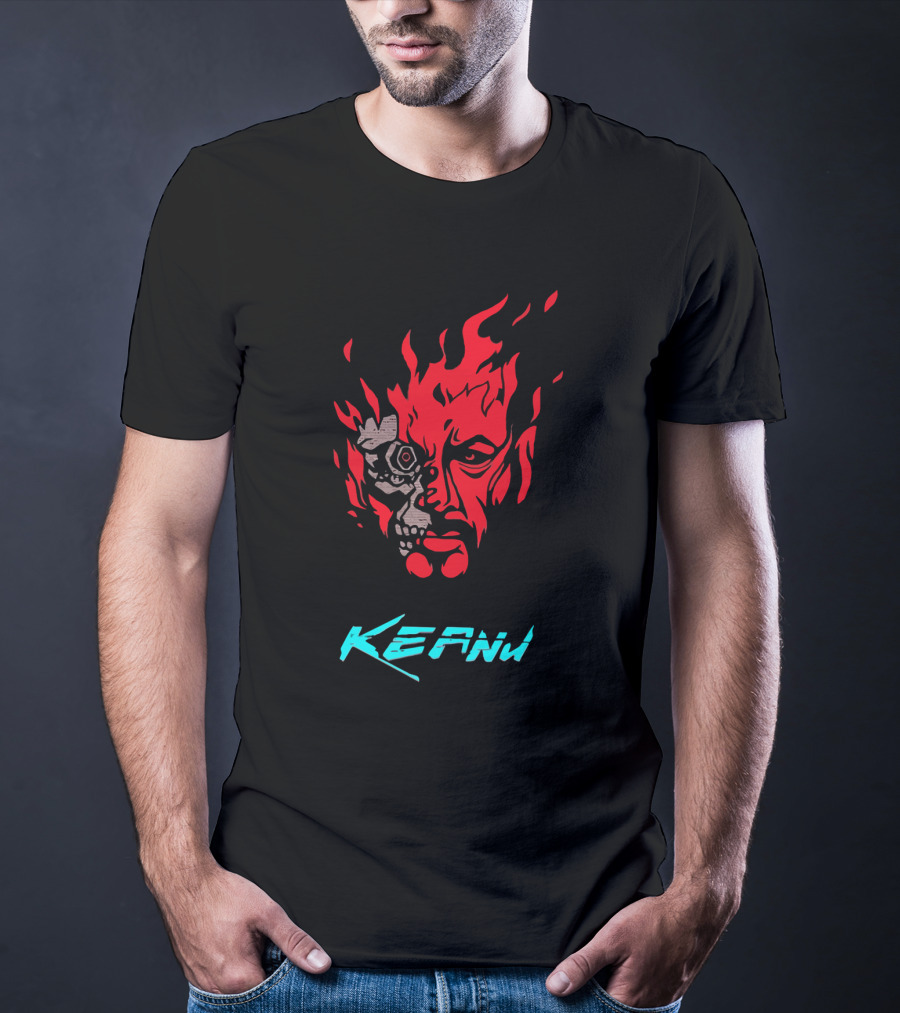 Keanu Cyberpunk Flame Skull Face T-Shirt