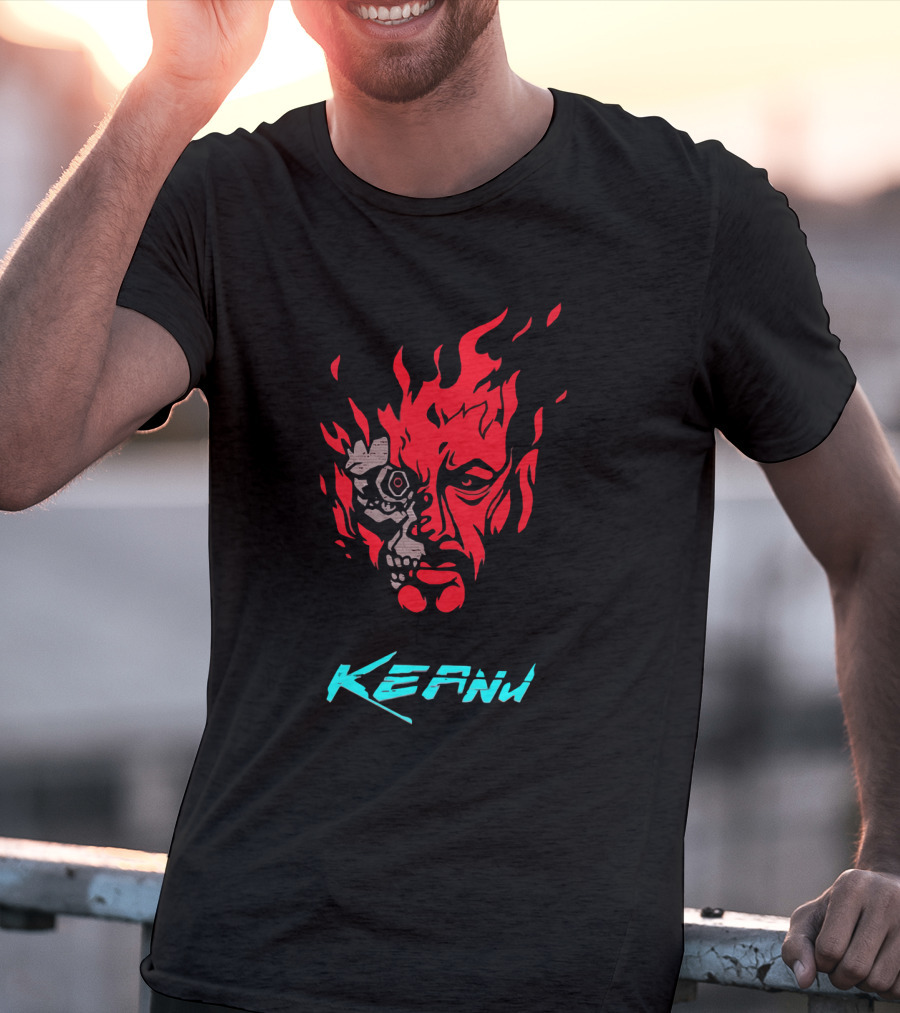 Keanu Cyberpunk Flame Skull Face T-Shirt