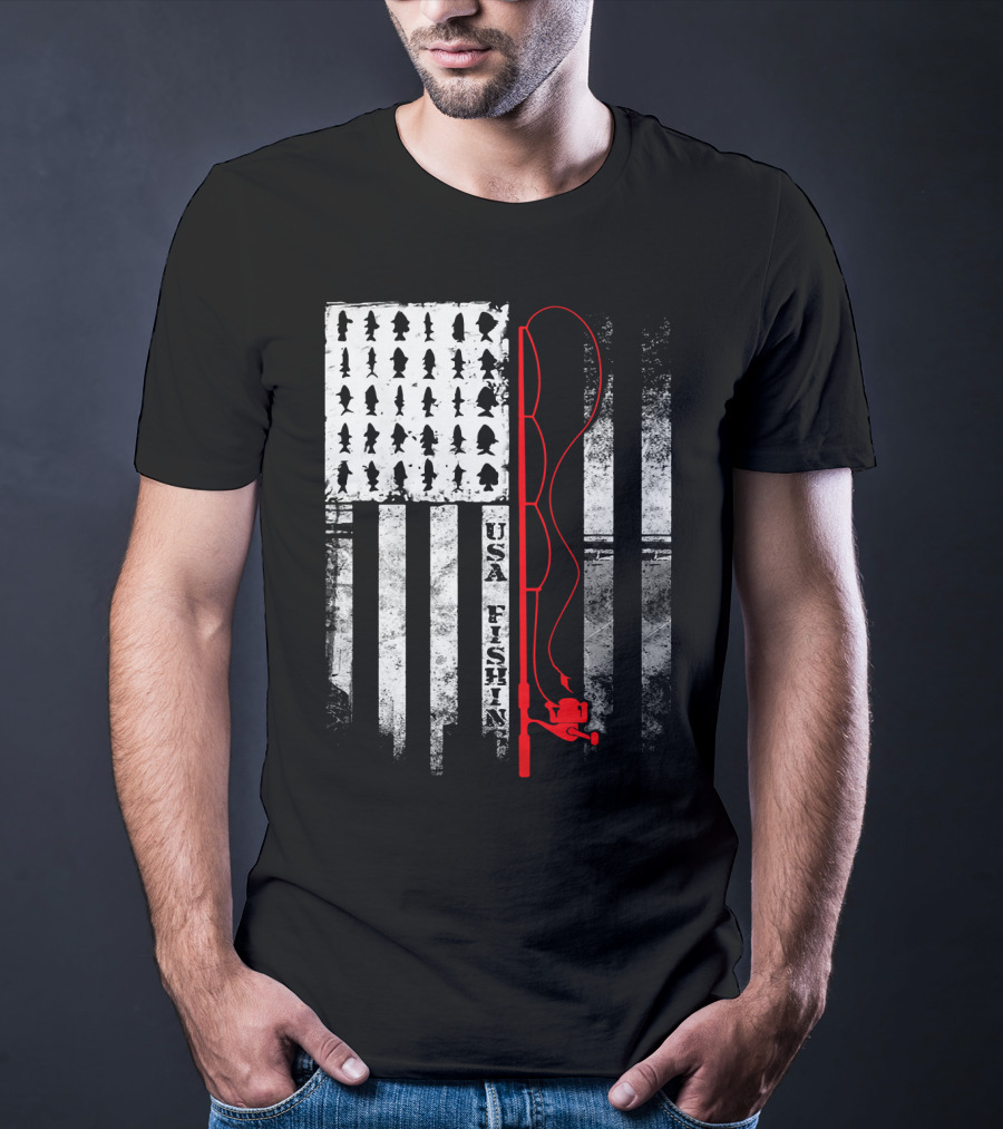 USA Fishing Flag Red Fishing Rod T-Shirt