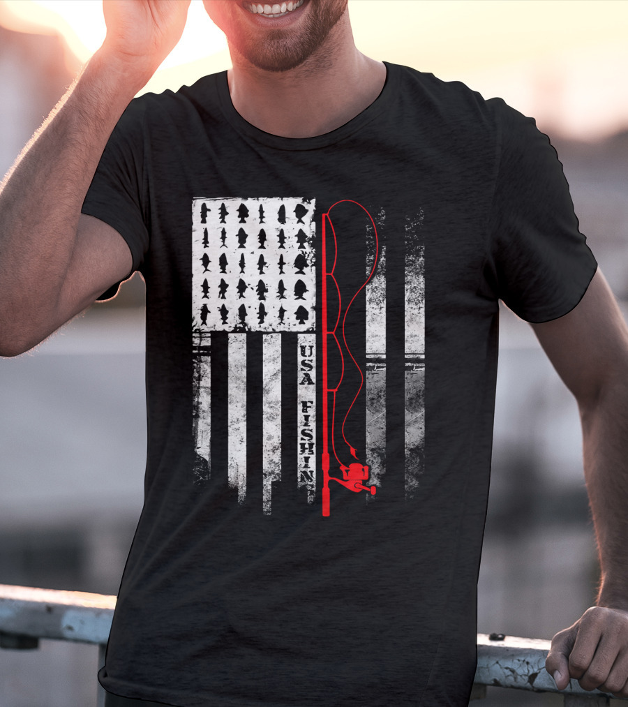USA Fishing Flag Red Fishing Rod T-Shirt