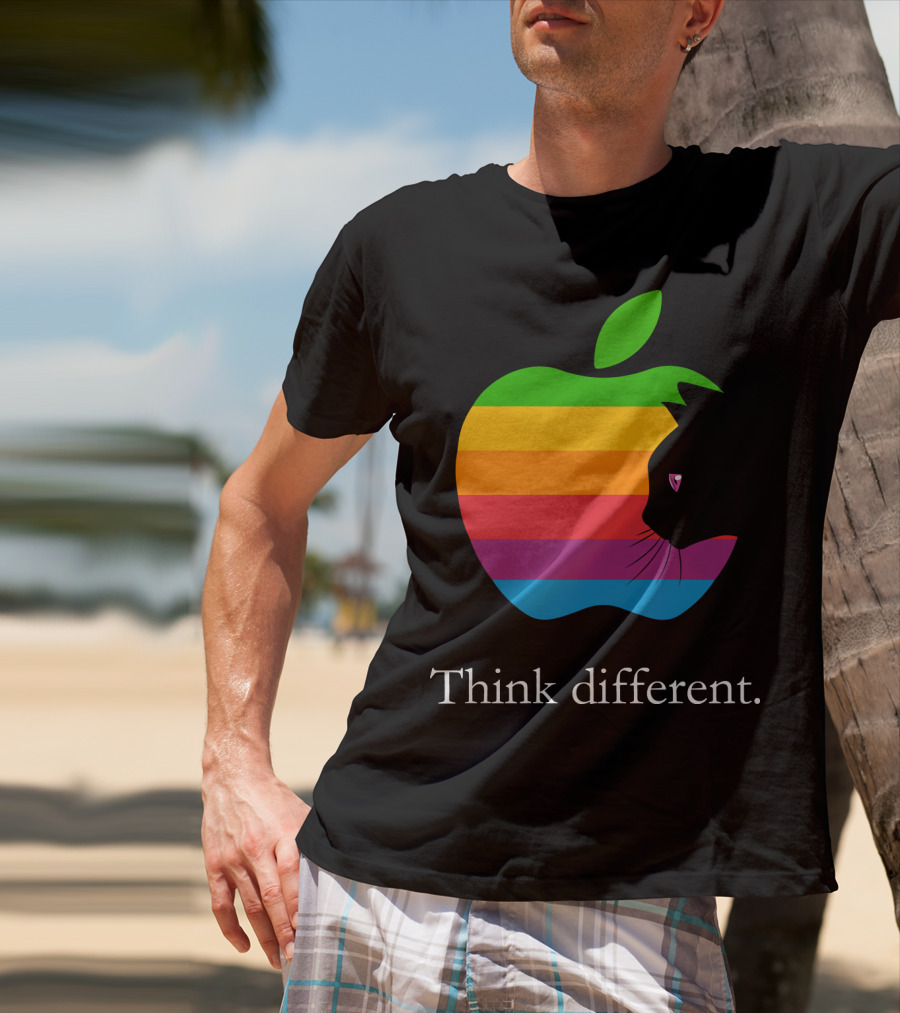 Think Different Apple Logo Rainbow Cat Face T-Shirt
