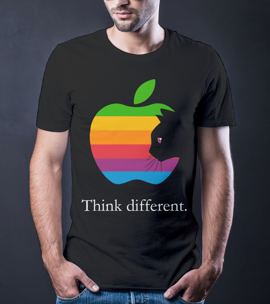 Think Different Apple Logo Rainbow Cat Face T-Shirt