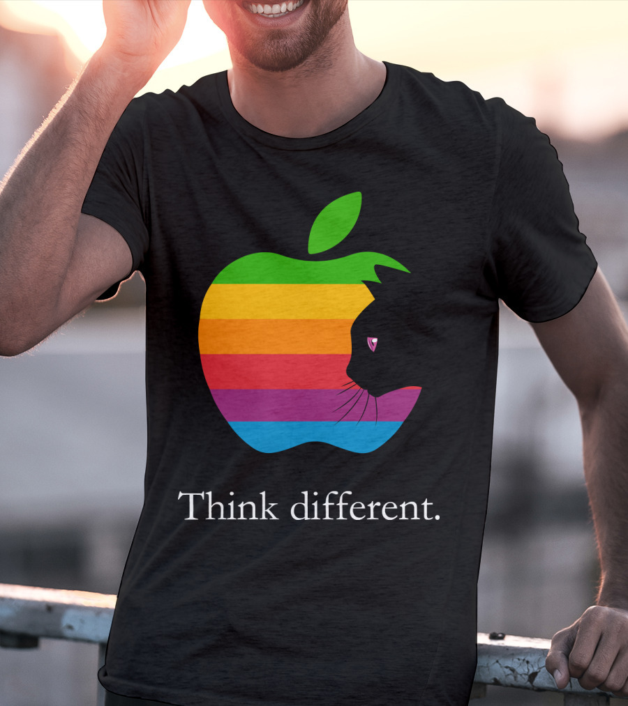 Think Different Apple Logo Rainbow Cat Face T-Shirt