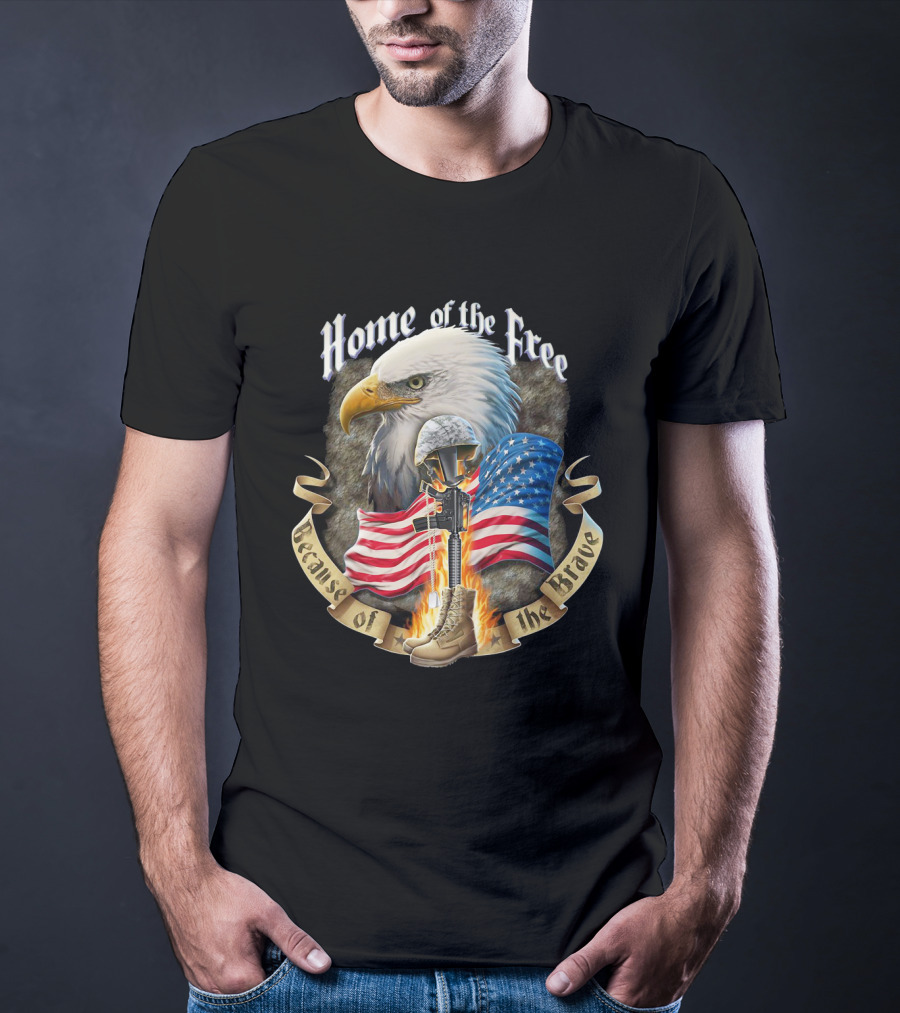Home Of The Free Because Of The Brave American Eagle Soldier Helmet Flag T-Shirt