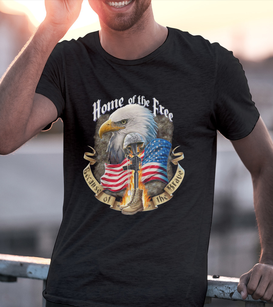 Home Of The Free Because Of The Brave American Eagle Soldier Helmet Flag T-Shirt