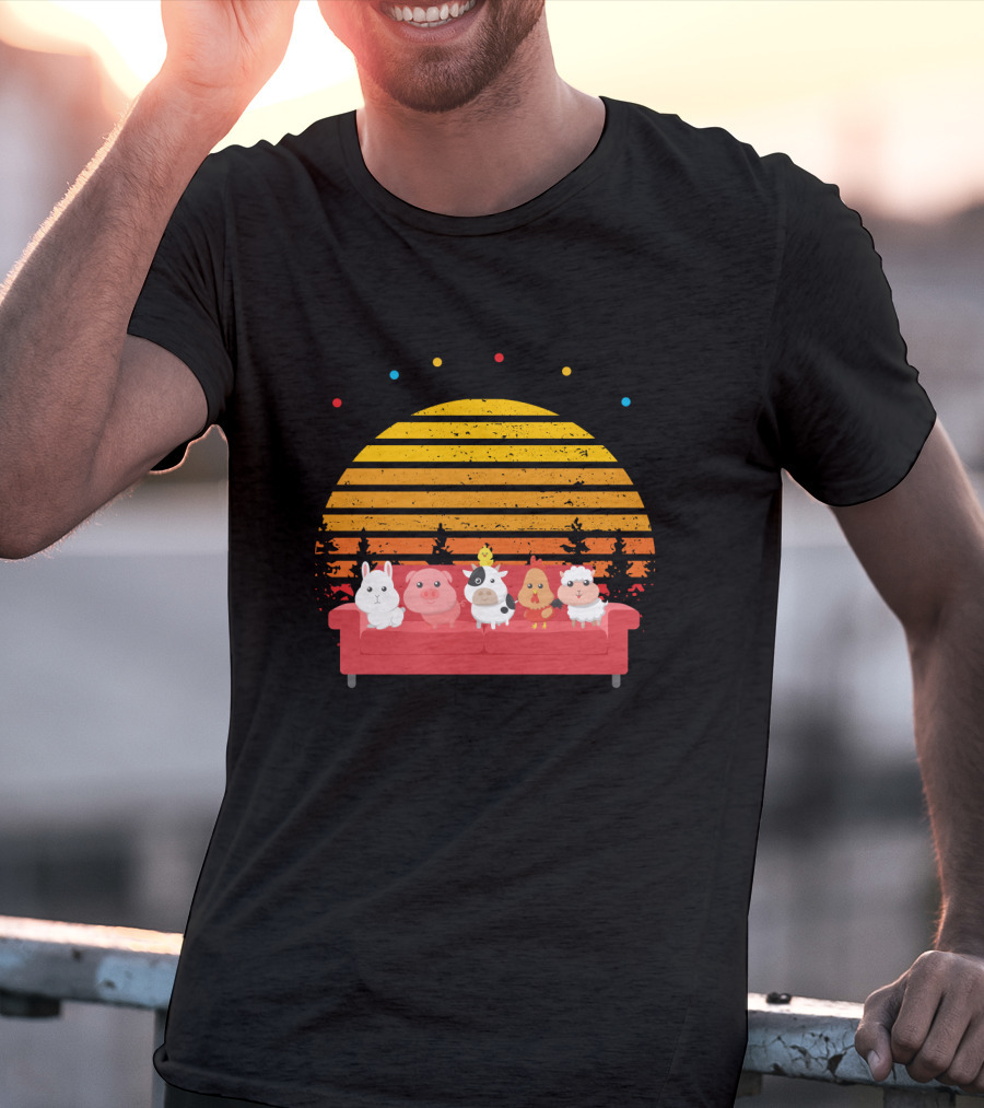 Friends Not Food Animal Characters On Red Couch With Sunset Background T-Shirt