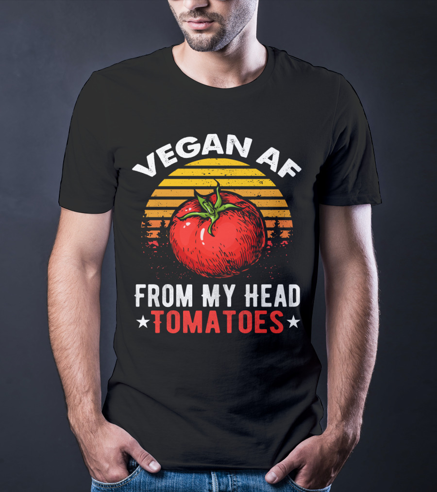 VEGAN AF FROM MY HEAD TOMATOES Retro Sunset Tomato Veggie Joke T-Shirt