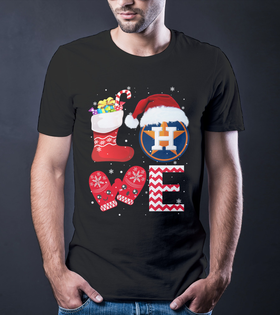 Christmas Love Houston Astros Snowflake Stocking Mittens Santa Hat T-Shirt