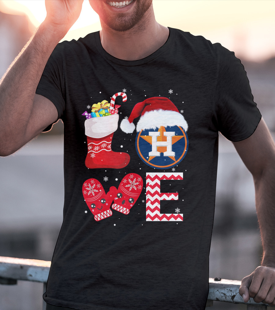 Christmas Love Houston Astros Snowflake Stocking Mittens Santa Hat T-Shirt
