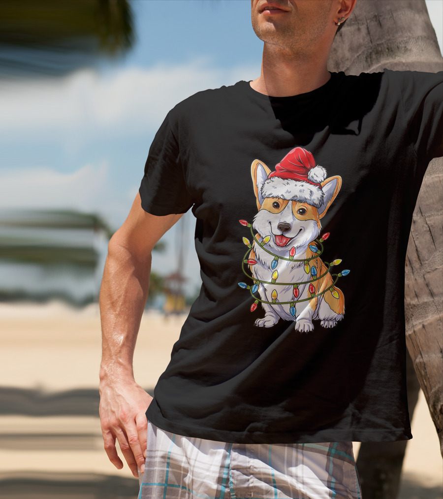 Corgi Dog Christmas Lights Ugly Sweater Santa Hat T-Shirt