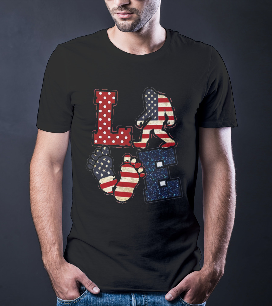 Patriotic Bigfoot Love American Flag T-Shirt