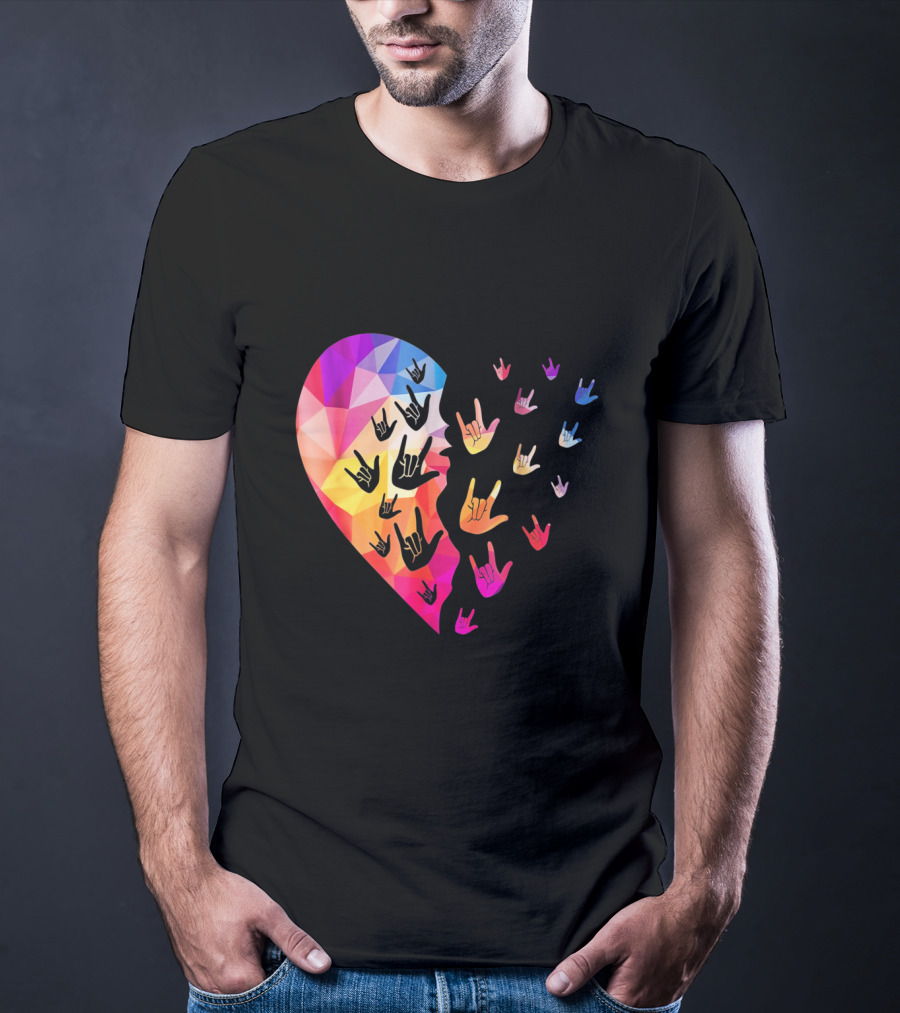 Broken Geometric Heart With Colorful Sign Language Hands T-Shirt