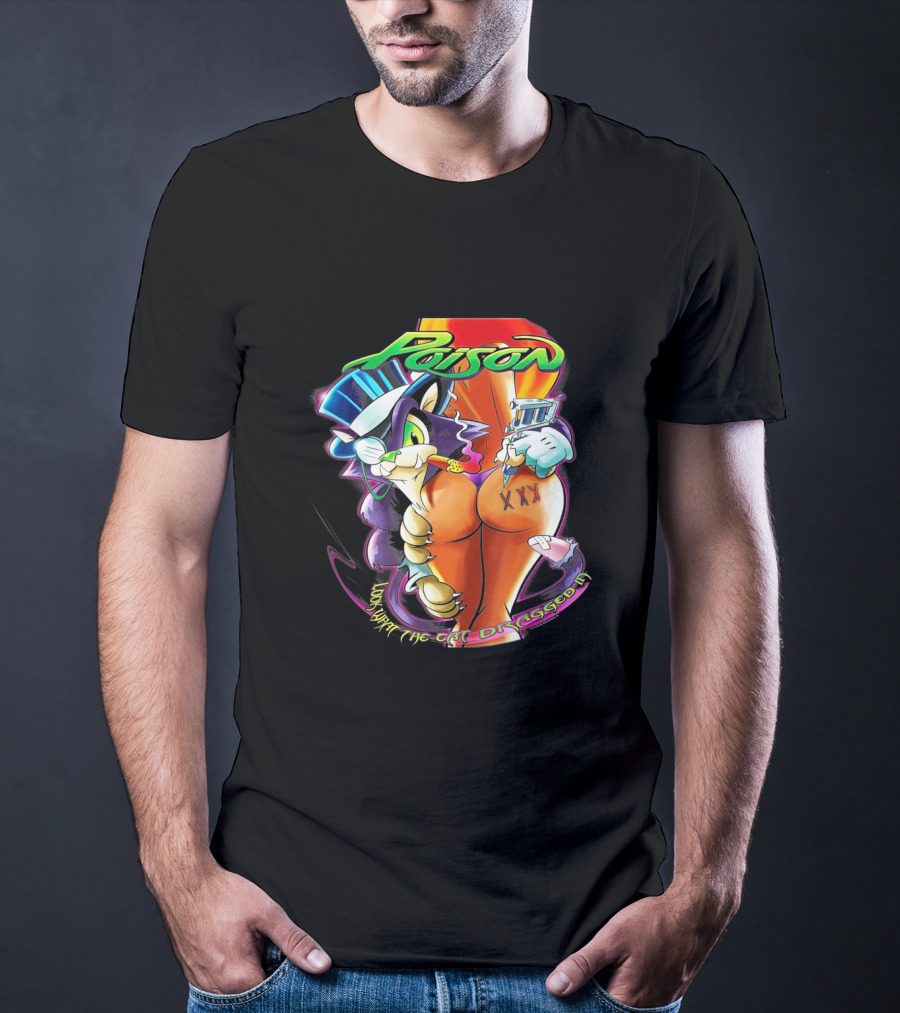 Poison Cartoon Cat Holding Tattoo Gun Text 'Look What The Cat Dragged In' T-Shirt