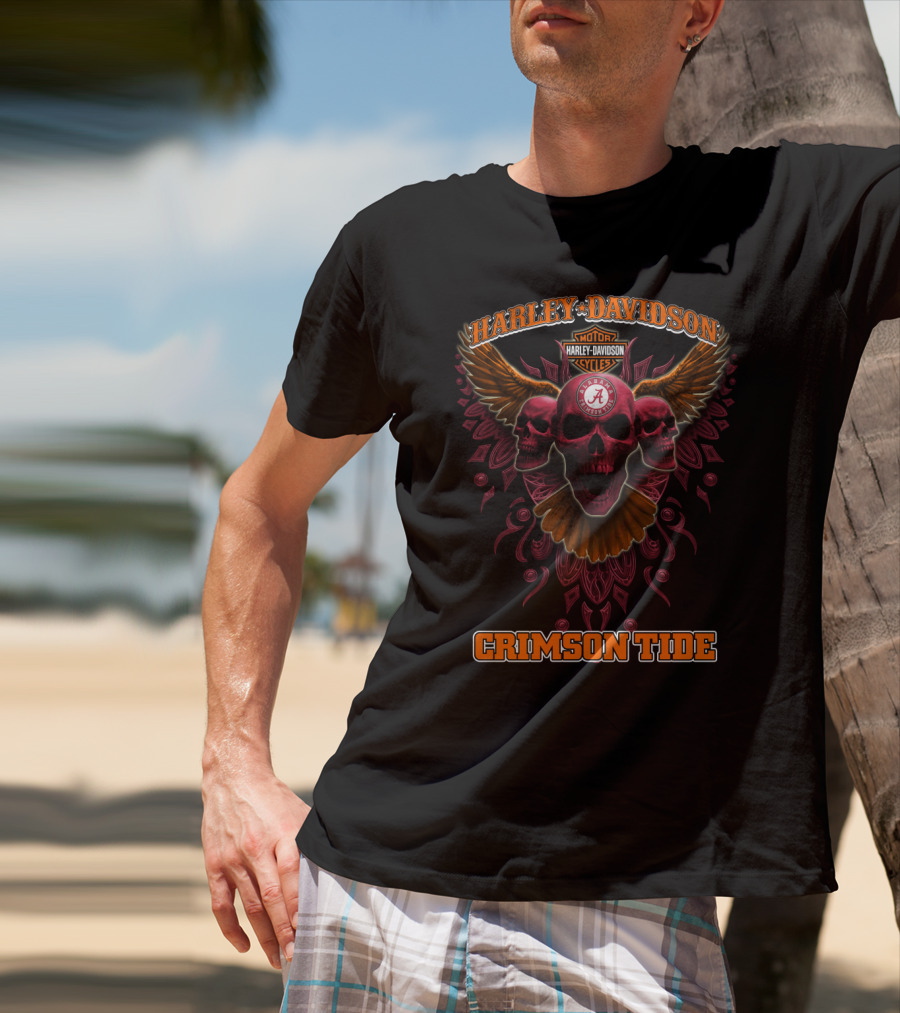 Harley Davidson Crimson Tide Alabama Skull Wings Ncaa T-Shirt
