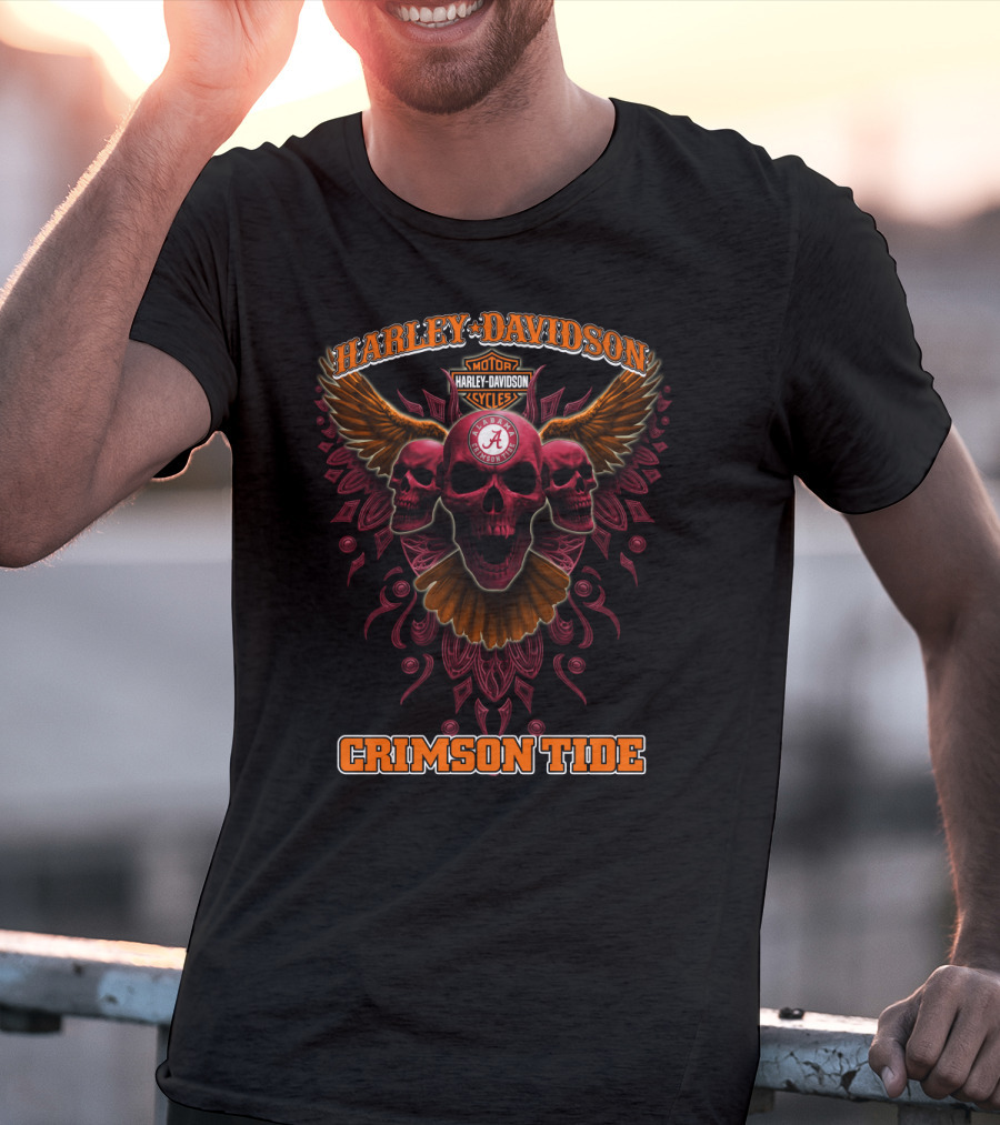 Harley Davidson Crimson Tide Alabama Skull Wings Ncaa T-Shirt