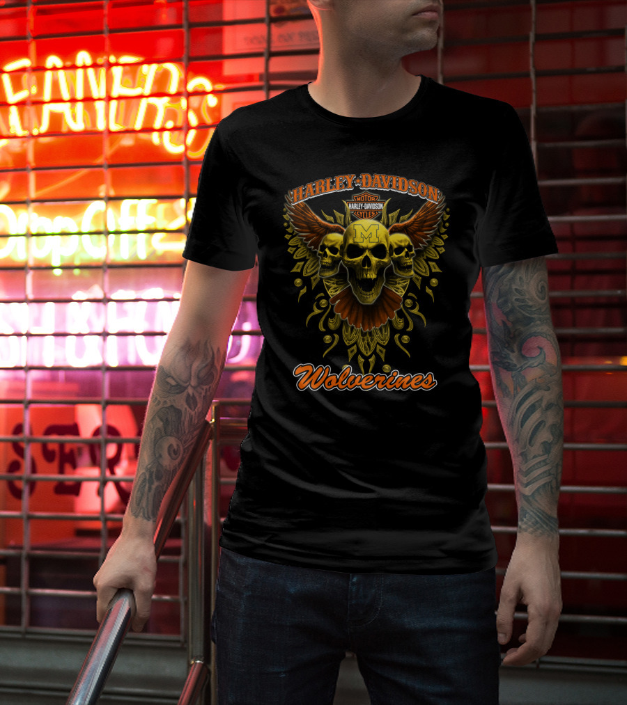 Harley Davidson Wolverines Motorcycles Skulls Wings Michigan T-Shirt