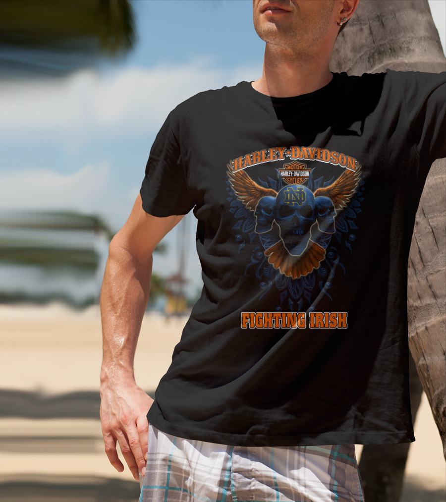 Harley Davidson Motorcycles Notre Dame Fighting Irish Skulls Wings T-Shirt