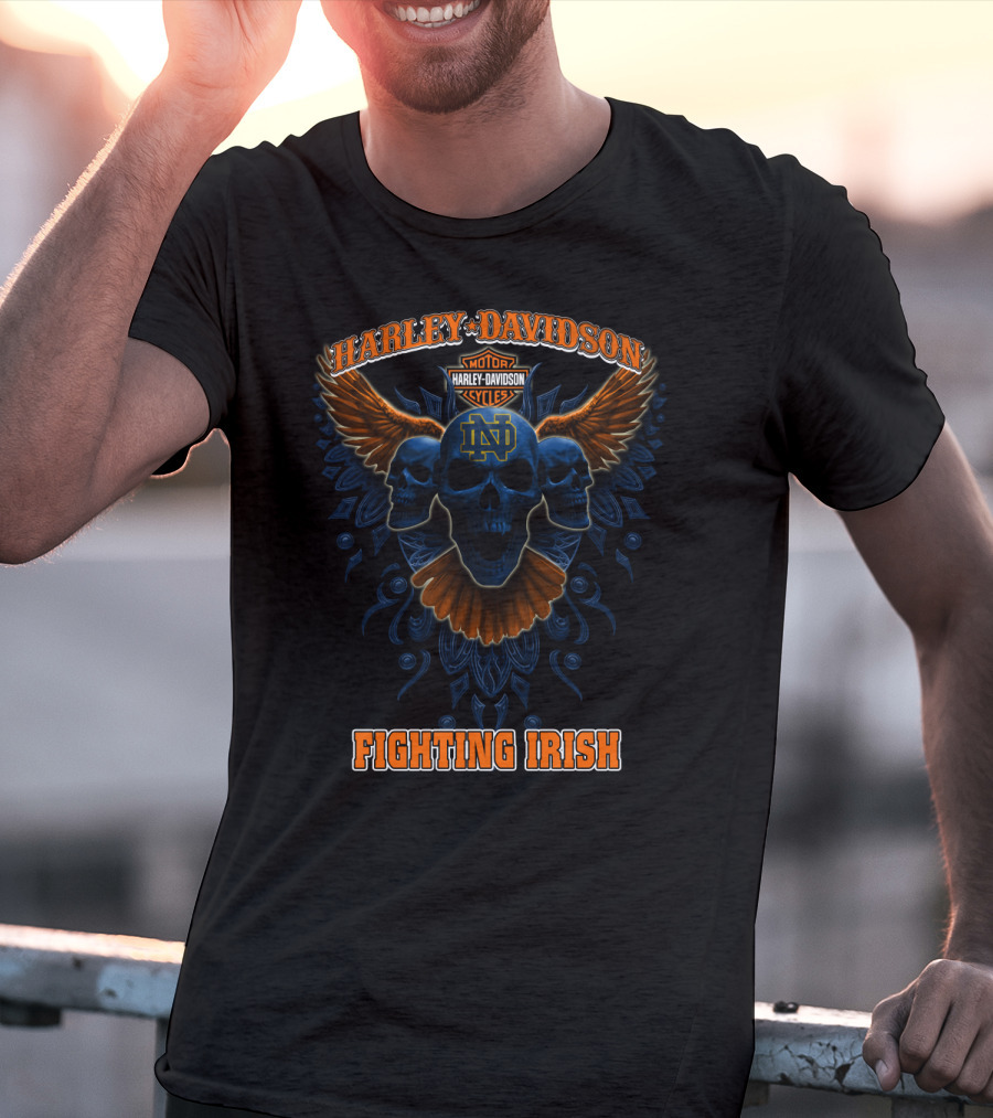 Harley Davidson Motorcycles Notre Dame Fighting Irish Skulls Wings T-Shirt