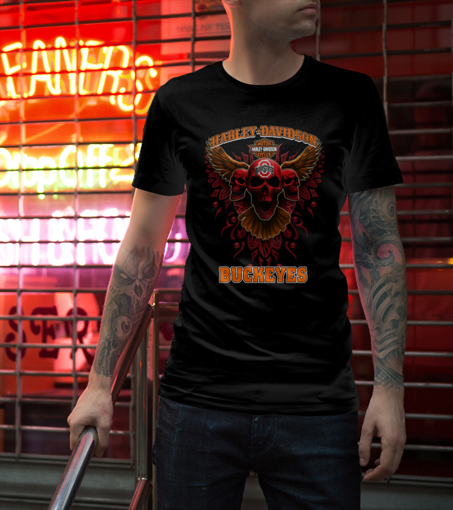 Harley Davidson Ohio State Buckeyes Motorcycles Wings Skulls T-Shirt