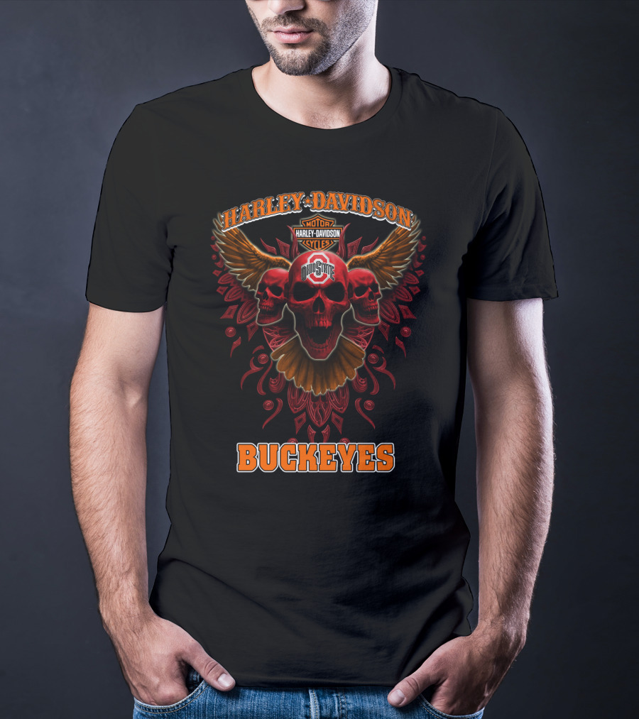 Harley Davidson Ohio State Buckeyes Motorcycles Wings Skulls T-Shirt