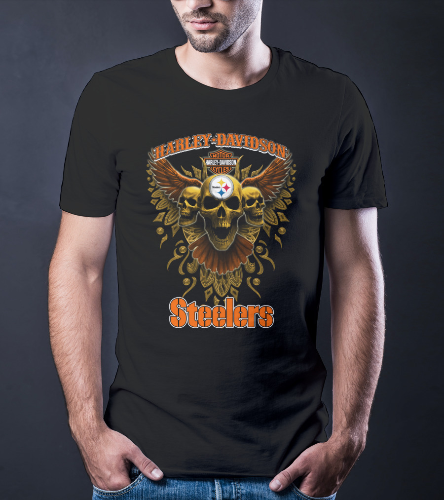 Harley Davidson Steelers Motor Cycles Skulls Wings T-Shirt