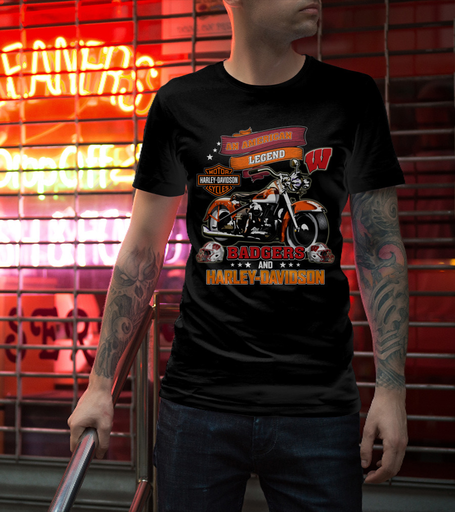 An American Legend Badgers Harley Davidson Motor Cycles W Logo Helmet T-Shirt