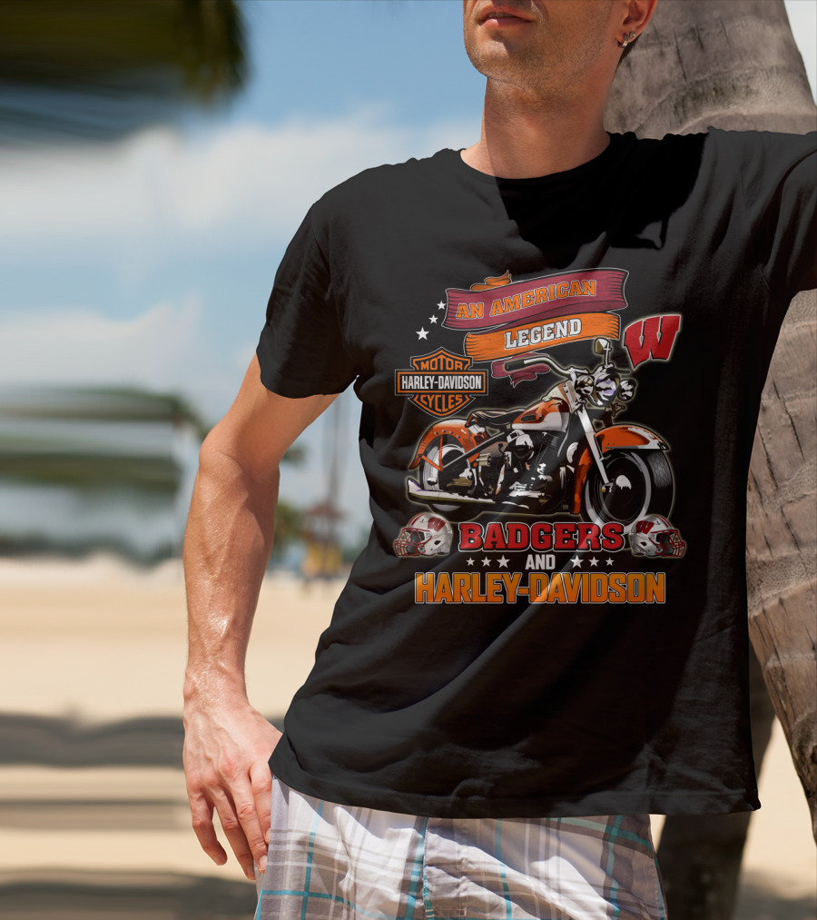An American Legend Badgers Harley Davidson Motor Cycles W Logo Helmet T-Shirt