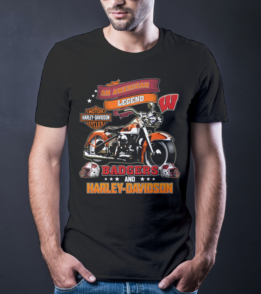 An American Legend Badgers Harley Davidson Motor Cycles W Logo Helmet T-Shirt