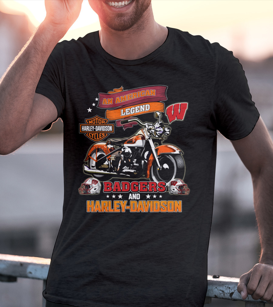 An American Legend Badgers Harley Davidson Motor Cycles W Logo Helmet T-Shirt