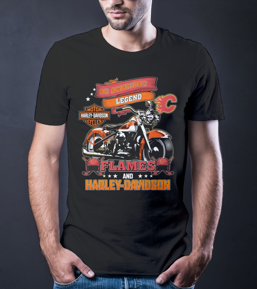 An American Legend Flames And Harley Davidson Calgary Nhl T-Shirt