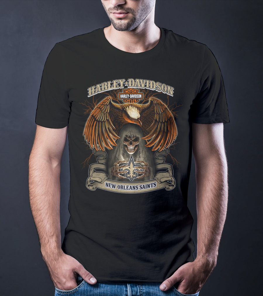 Harley Davidson Motorcycles New Orleans Saints Nfl Eagle And Skull T-Shirt