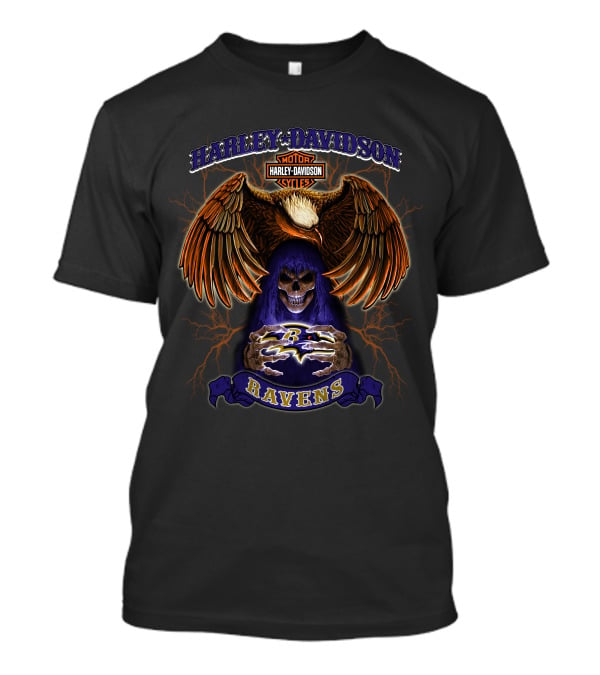 Harley Davidson Ravens Baltimore Nfl Lightning Skull Eagle Motif T-Shirt