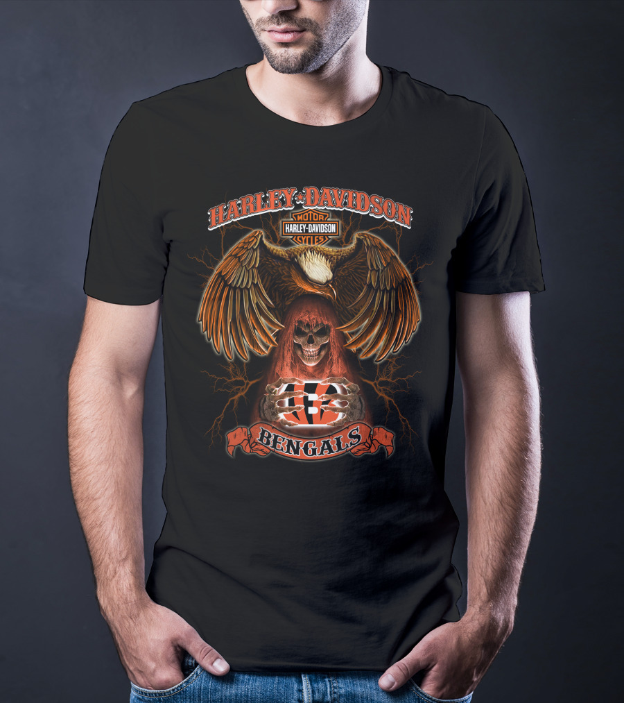 Harley Davidson Motor Cycles Cincinnati Bengals Eagle Skull T-Shirt