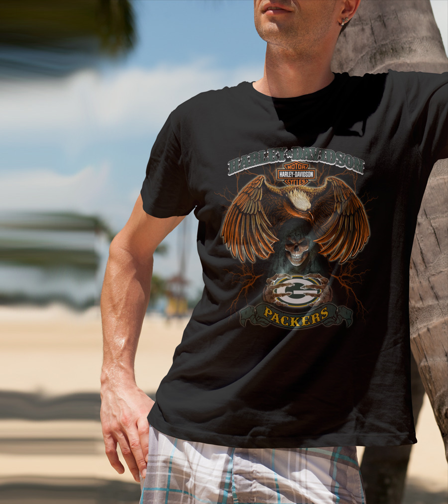 Harley Davidson Motor Cycles Packers Eagle Skull T-Shirt