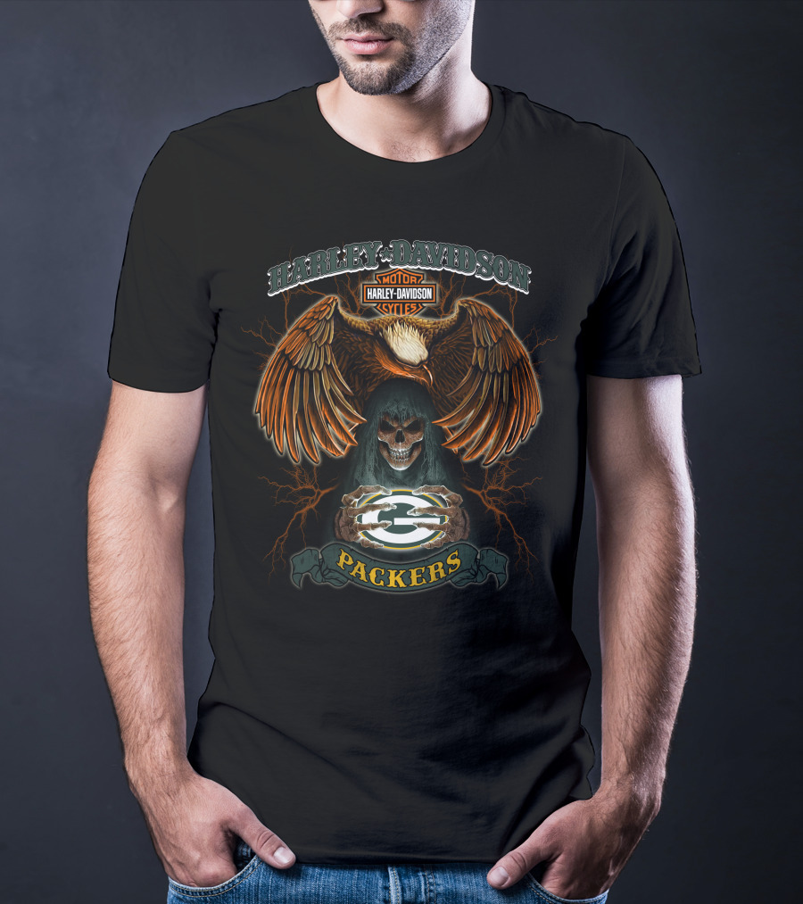 Harley Davidson Motor Cycles Packers Eagle Skull T-Shirt