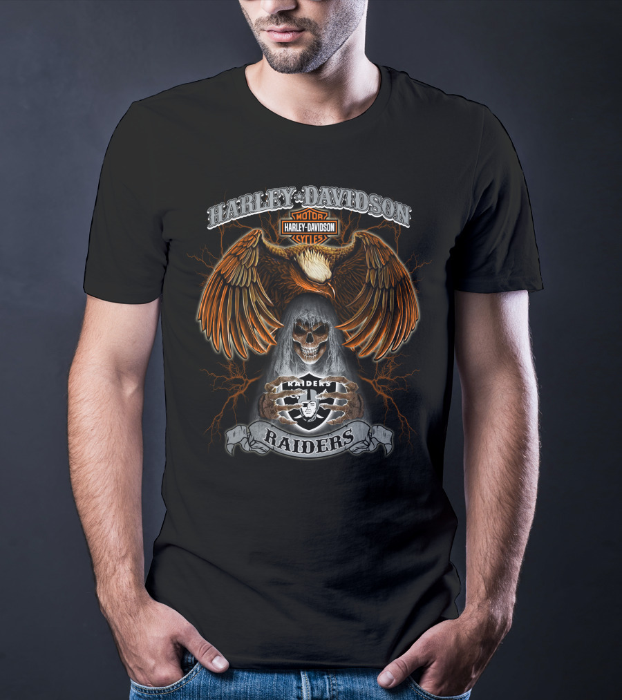 Harley Davidson Raiders Nfl Motorcycle Skull Eagle Lightning T-Shirt