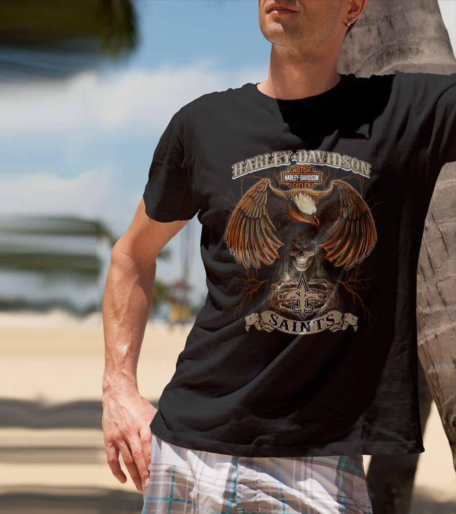 Harley Davidson Motorcycles Eagle Skull Saints Fleur-De-Lis T-Shirt