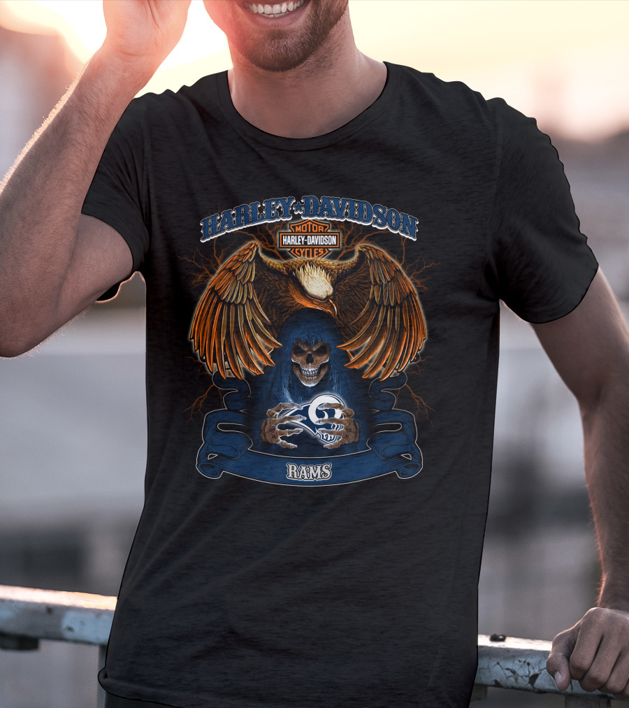 Harley Davidson Motorcycles Eagle Skull Nfl Rams T-Shirt