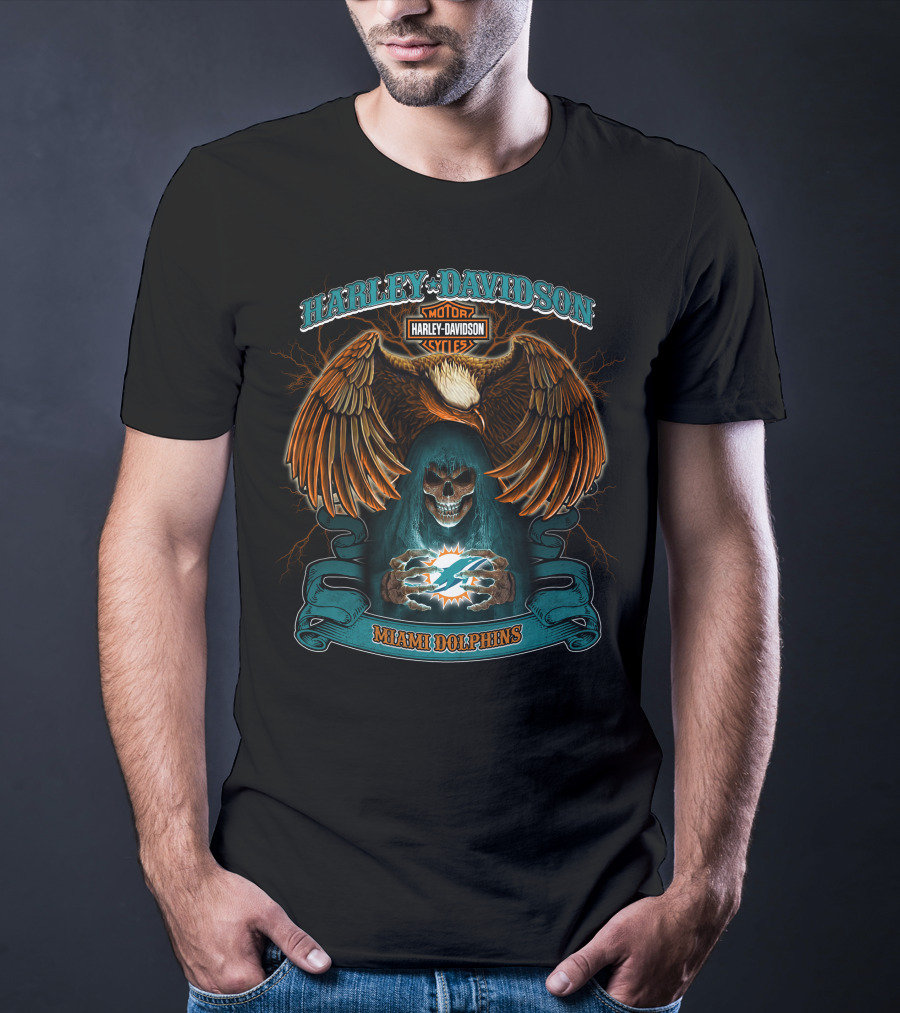 Harley Davidson Motorcycles Miami Dolphins Eagle Skull T-Shirt