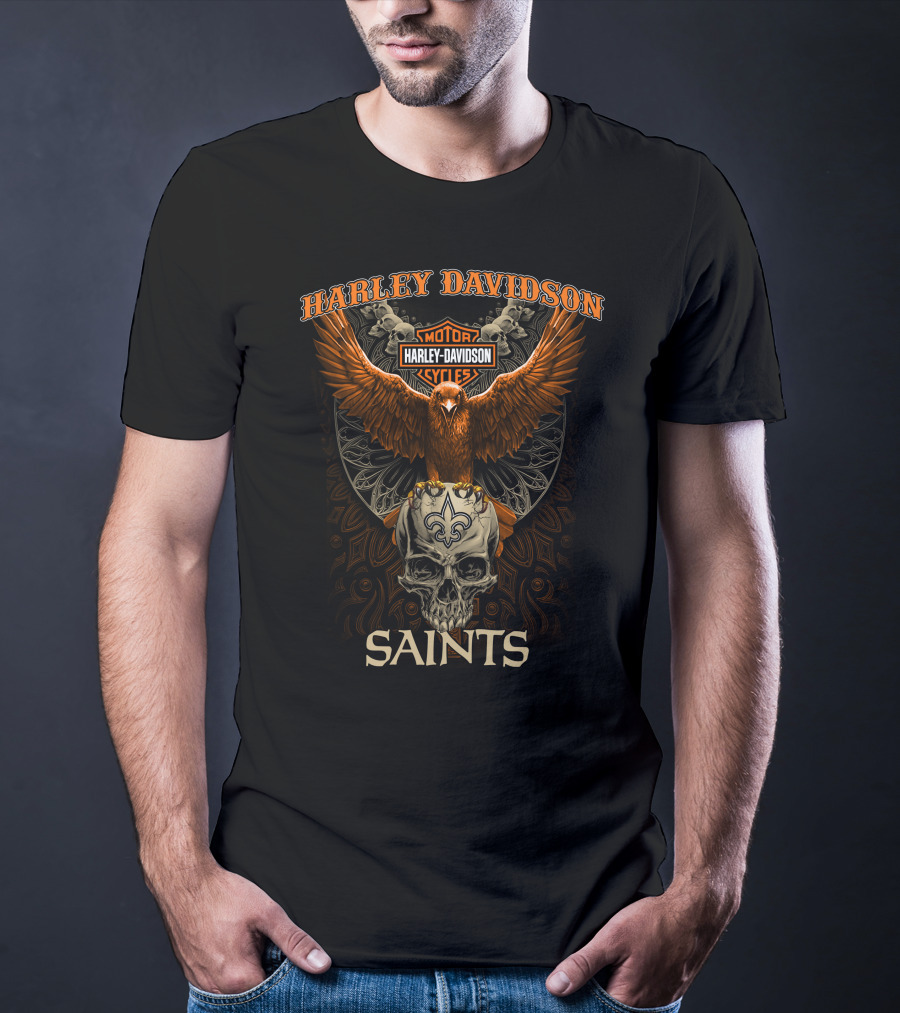 Harley Davidson Motorcycles New Orleans Saints Skull Eagle T-Shirt
