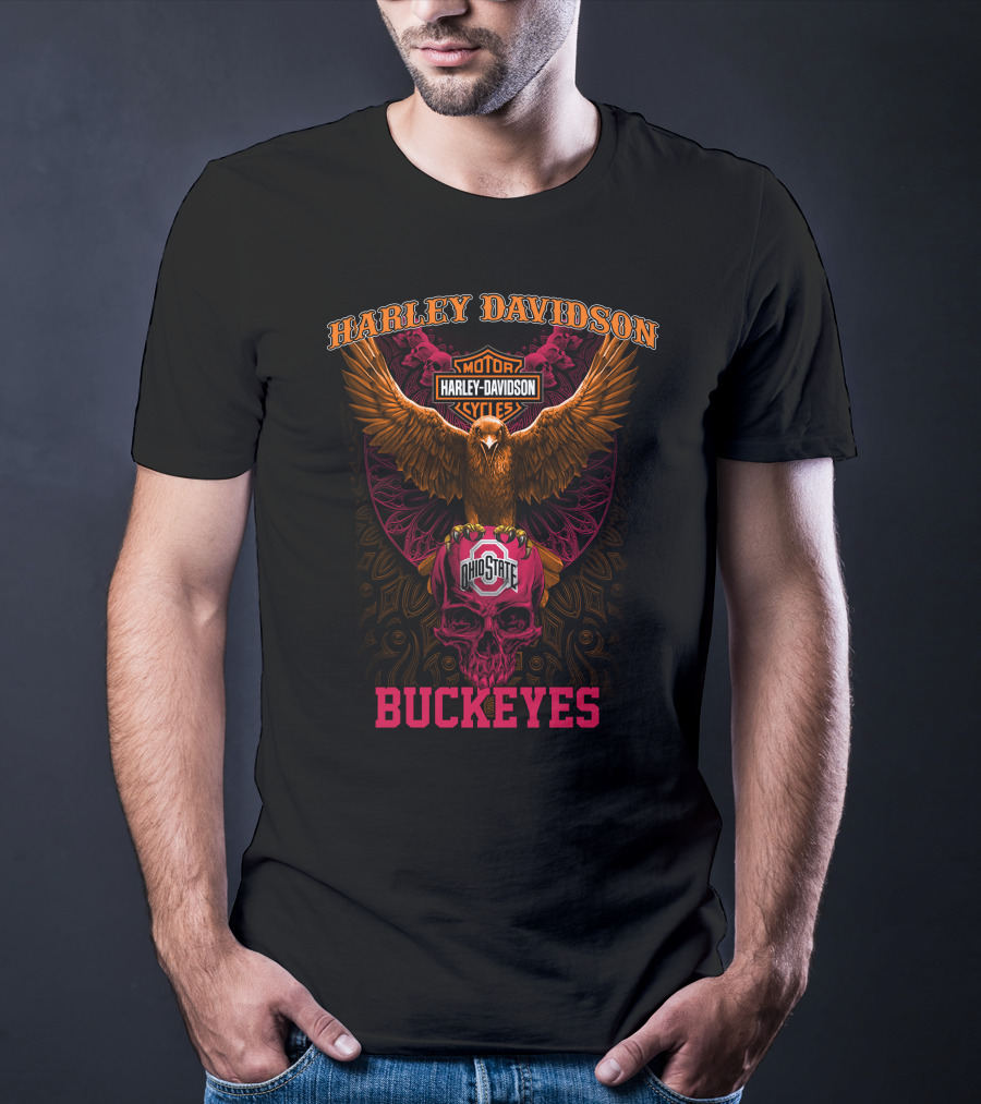 Harley Davidson Ohio State Buckeyes Motor Cycles Eagle Skull T-Shirt