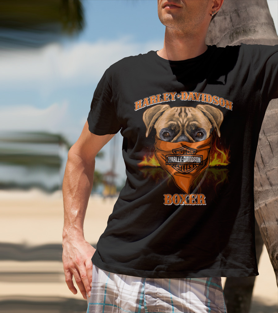 Harley Davidson Motorcycles Boxer Dog In Bandana With Flames T-Shirt