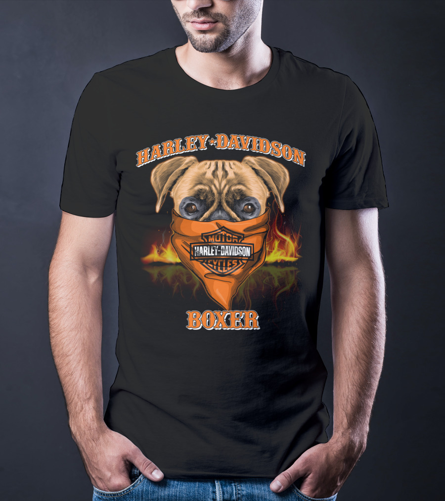 Harley Davidson Motorcycles Boxer Dog In Bandana With Flames T-Shirt
