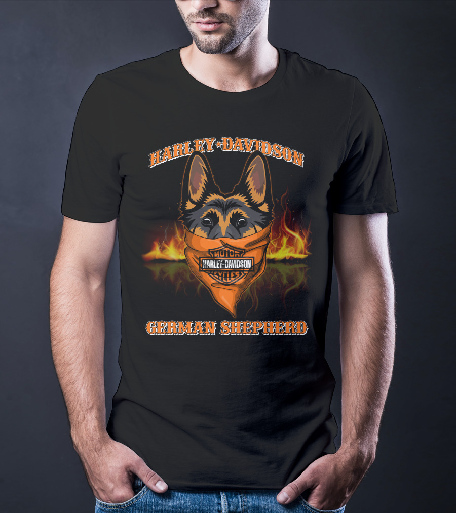 Harley Davidson Motor Cycles German Shepherd Flames T-Shirt