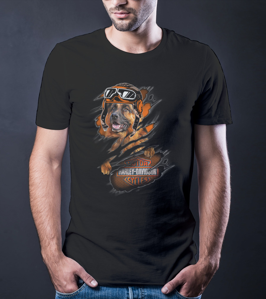 German Shepherd With Harley Davidson Motor Cycles Helmet T-Shirt