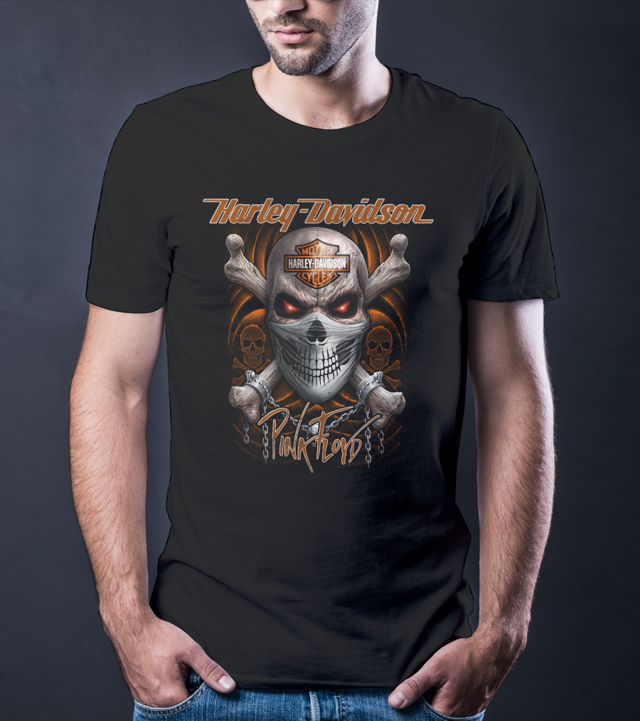 Harley Davidson Pink Floyd Skull Design With Chains And Orange Accents T-Shirt
