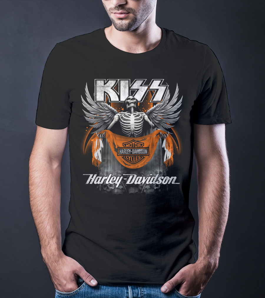 Kiss Harley Davidson Skeleton Wings Motorcycle Banner T-Shirt