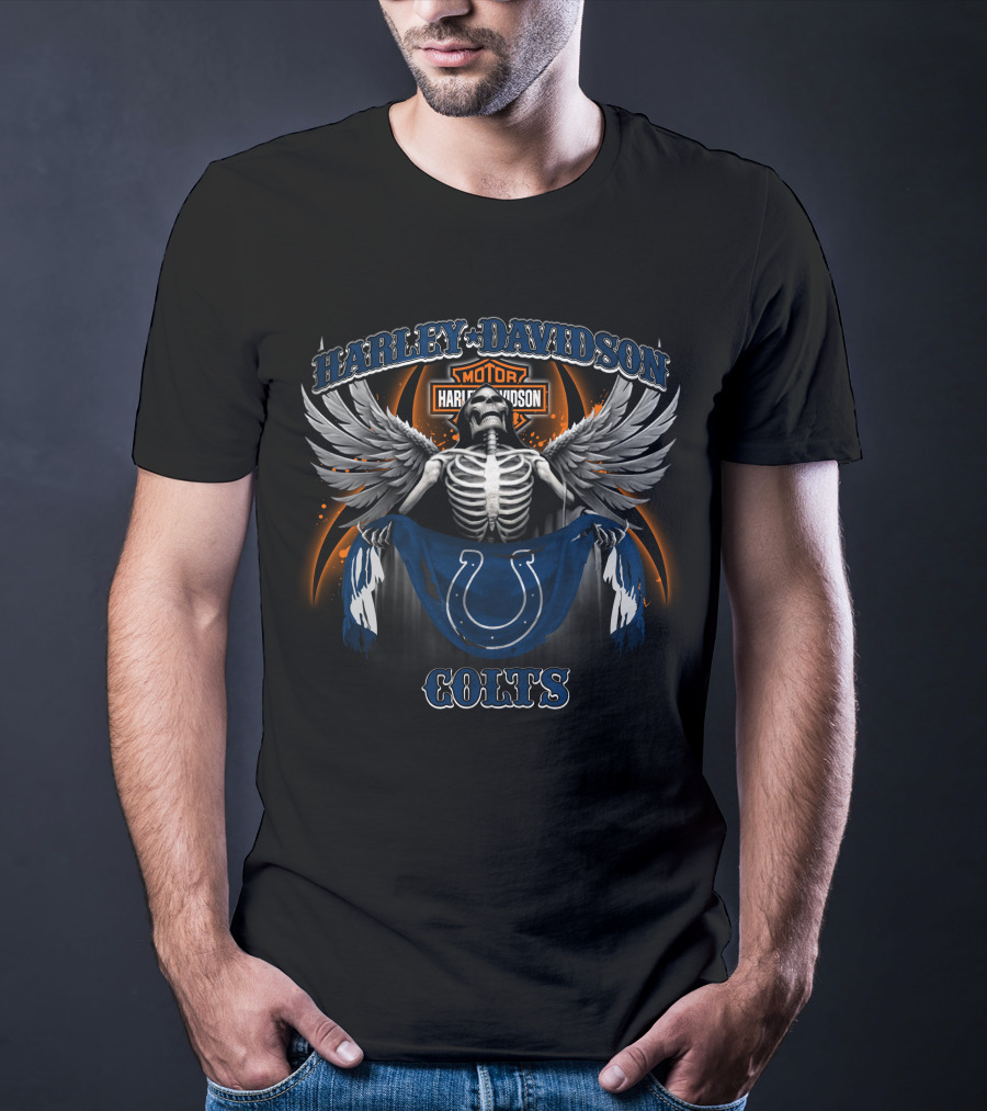 Harley Davidson Indianapolis Colts Skeleton Wings Motorcycle Helmet T-Shirt